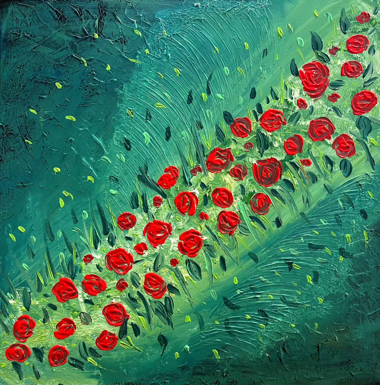 Red Rose Field 91 cm x 91 cm Red Green Textured Abstract Painting by Joanne Daniel