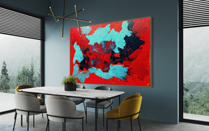 Red Carnations Burst 121.8 cm x 182.8 cm Red Blue Textured Abstract Painting