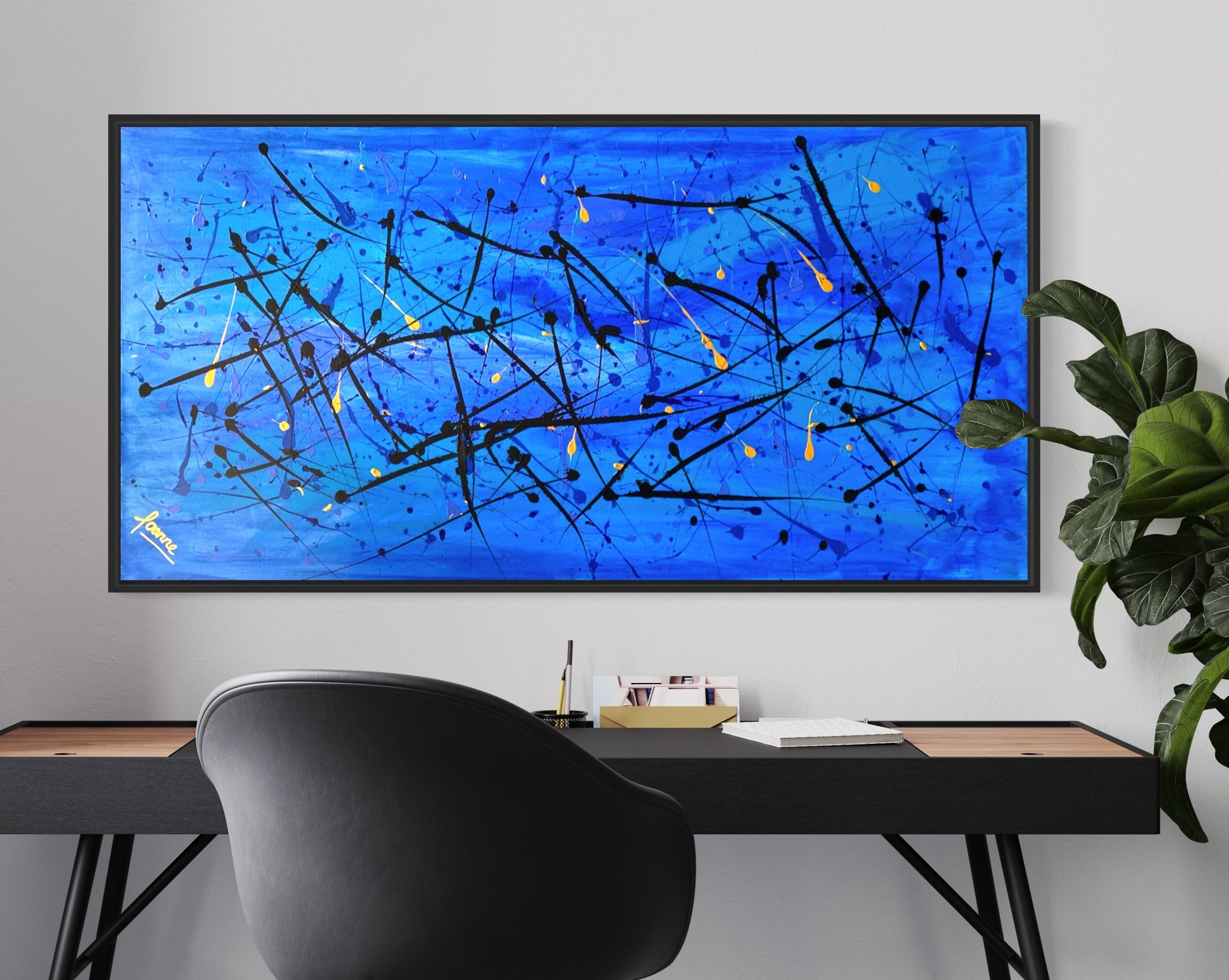 Vibrant Coral Sea 61cm x 122 cm blue Gold Black Textured Abstract Painting