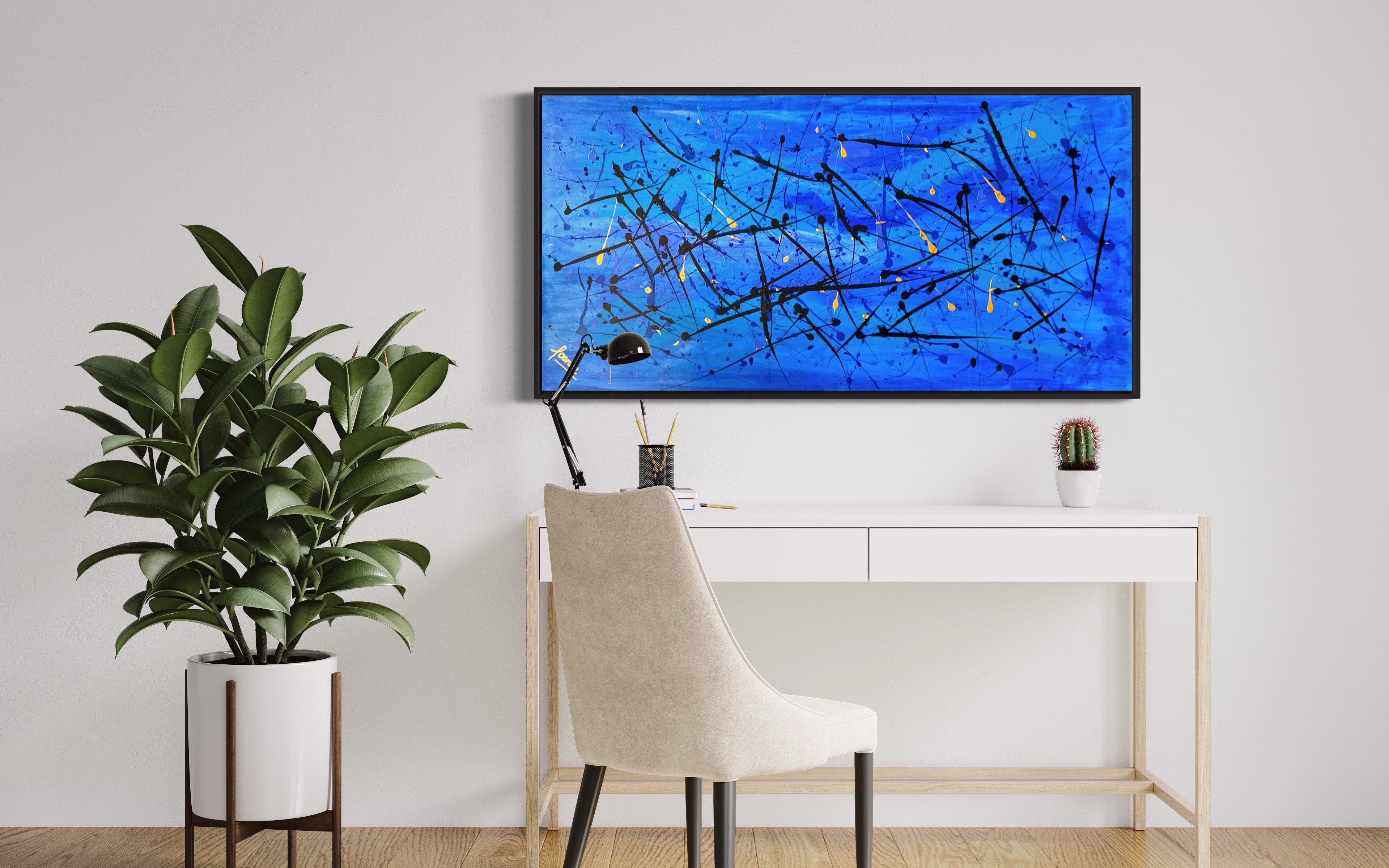Vibrant Coral Sea 61cm x 122 cm blue Gold Black Textured Abstract Painting
