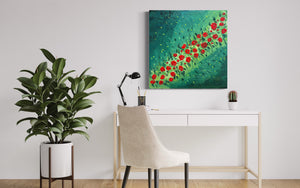 Red Rose Field 91 cm x 91 cm Red Green Textured Abstract Painting by Joanne Daniel