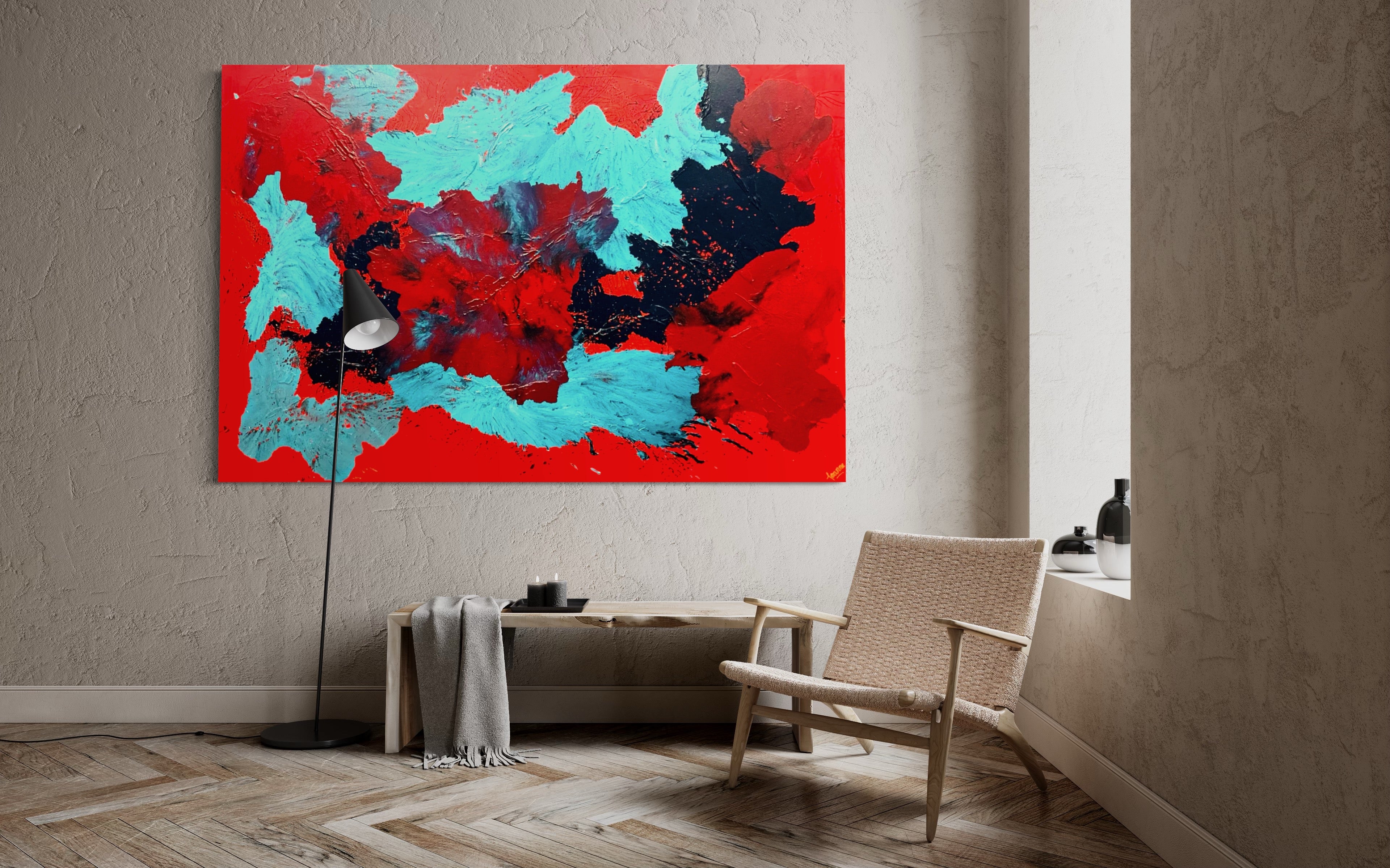 Red Carnations Burst 121.8 cm x 182.8 cm Red Blue Textured Abstract Painting