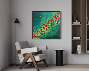 Red Rose Field 91 cm x 91 cm Red Green Textured Abstract Painting by Joanne Daniel