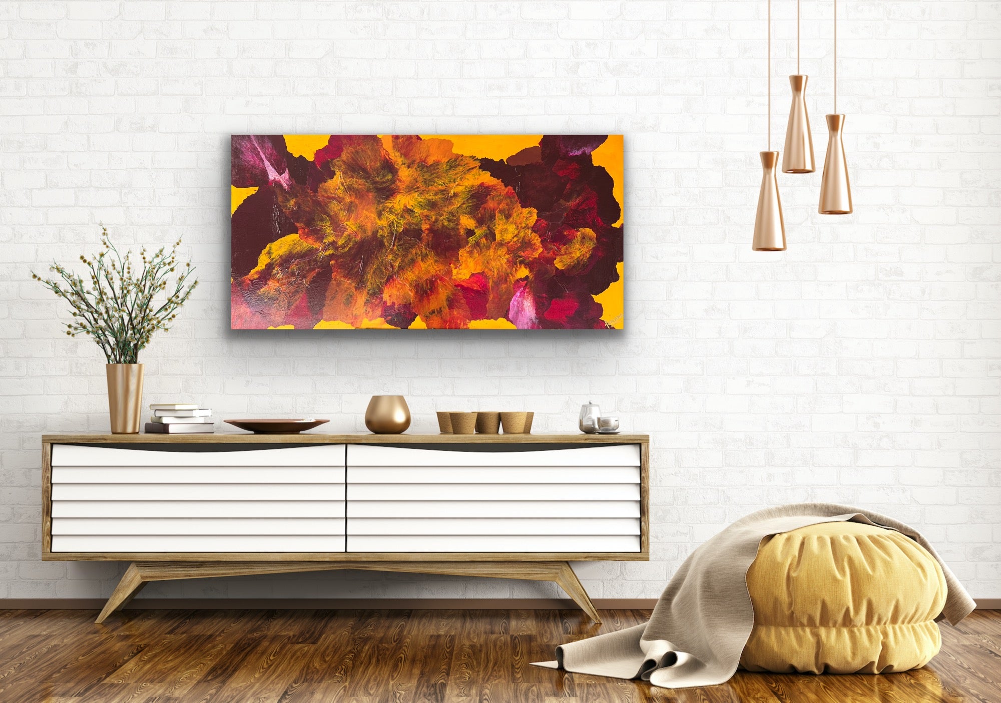 Yellow Dianthus Paradise 122 cm x 61 cm Yellow Pink Textured Abstract Painting