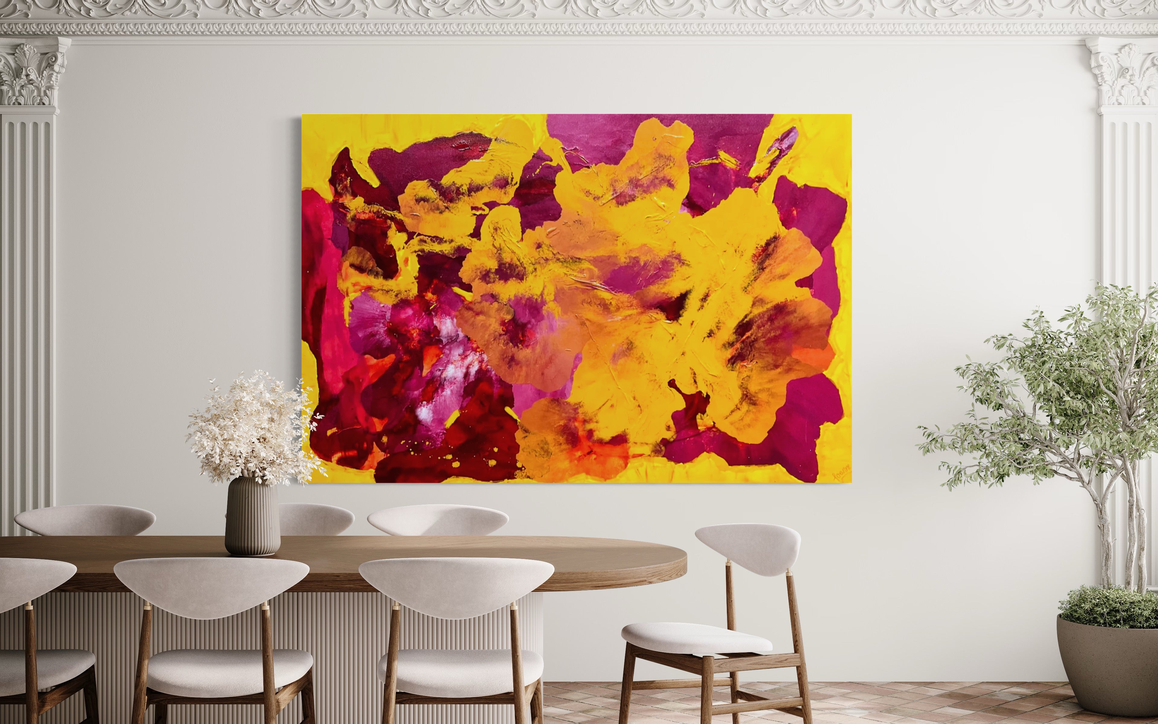 Deep Yellow Dianthus 121.8 cm x 182.8 cm Yellow Pink Textured Abstract Painting