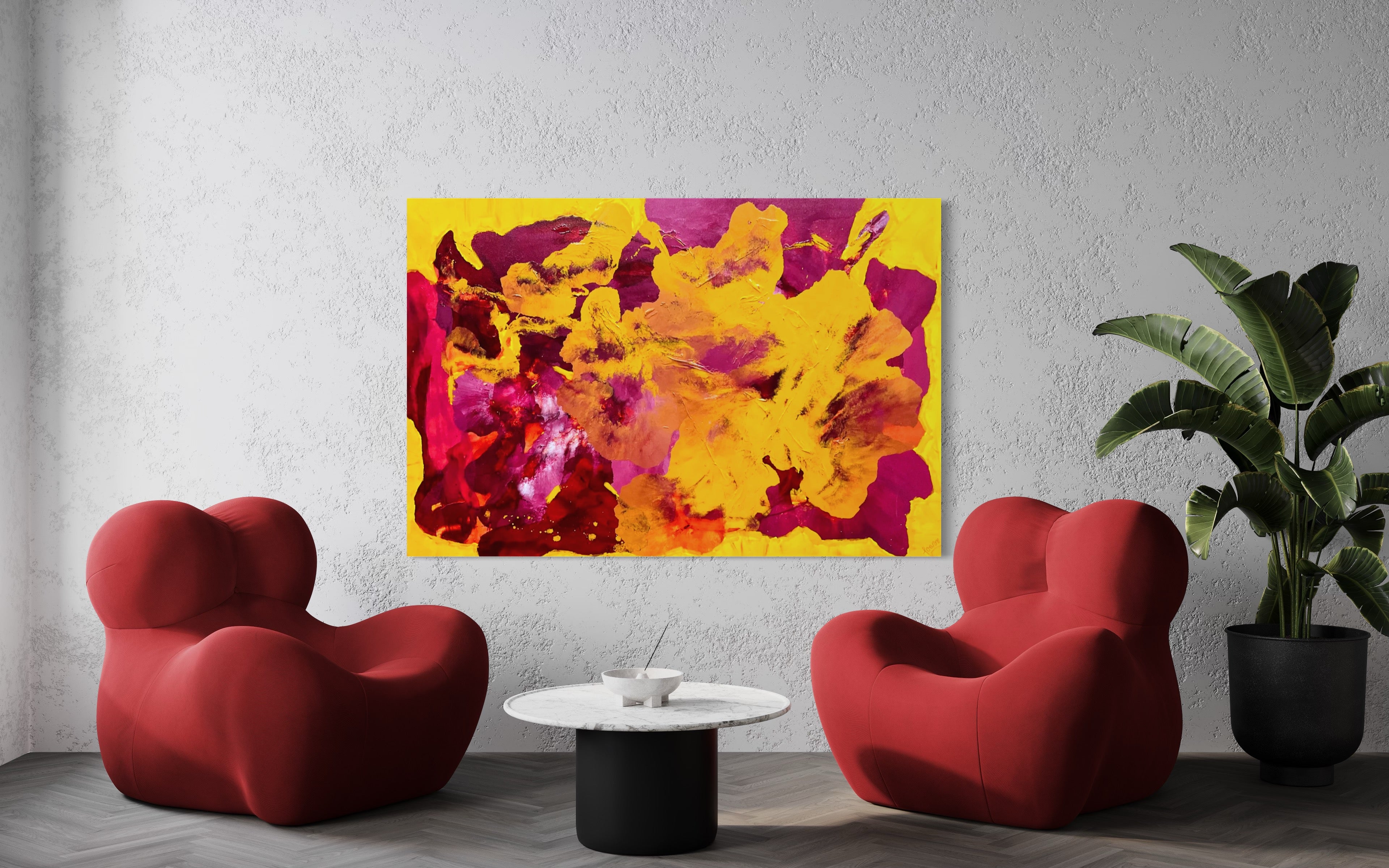 Deep Yellow Dianthus 121.8 cm x 182.8 cm Yellow Pink Textured Abstract Painting