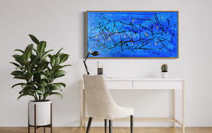 Vibrant Coral Sea 61cm x 122 cm blue Gold Black Textured Abstract Painting