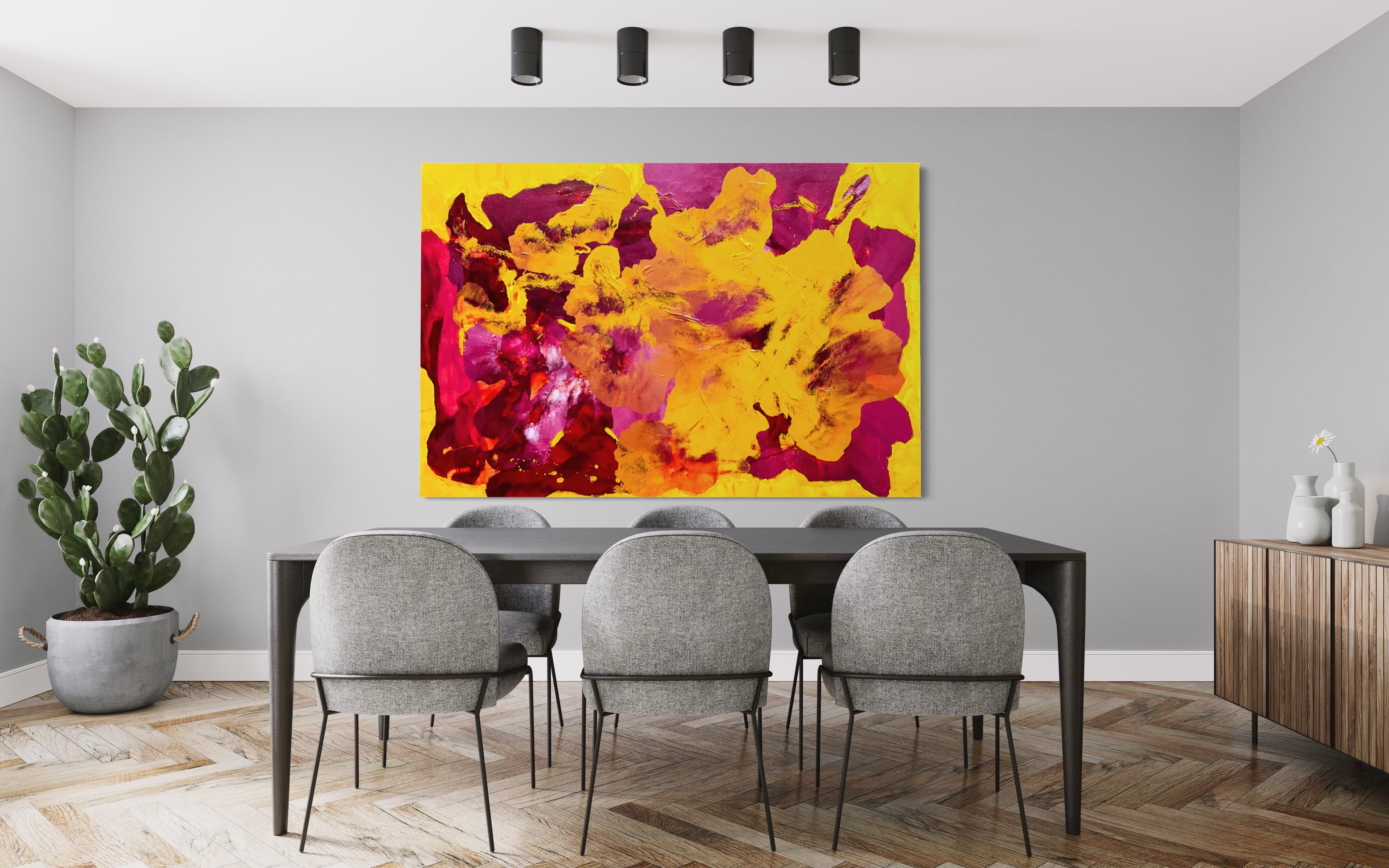 Deep Yellow Dianthus 121.8 cm x 182.8 cm Yellow Pink Textured Abstract Painting