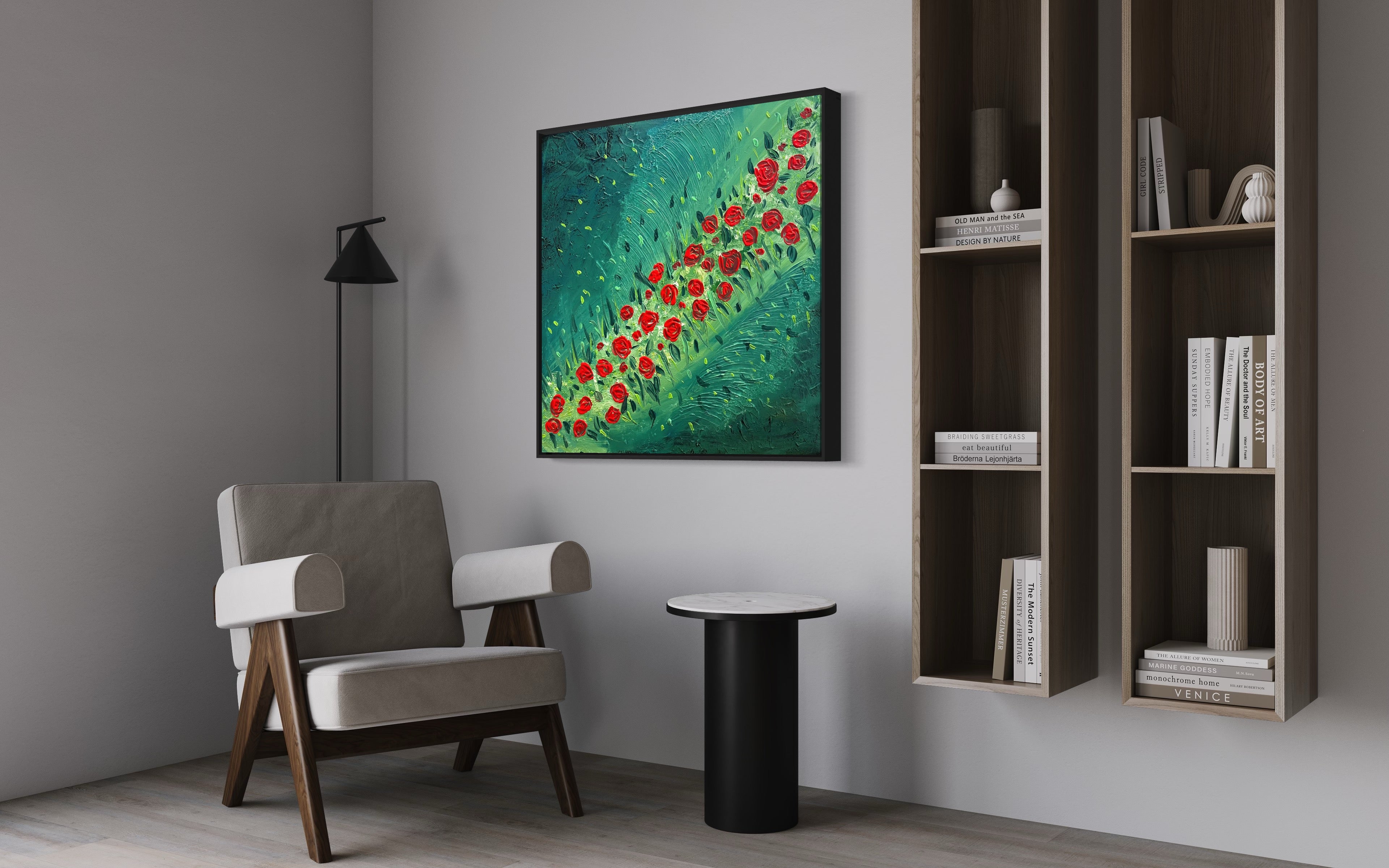 Red Rose Field 91 cm x 91 cm Red Green Textured Abstract Painting by Joanne Daniel