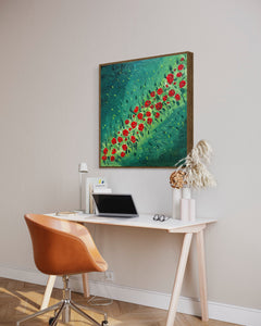 Red Rose Field 91 cm x 91 cm Red Green Textured Abstract Painting by Joanne Daniel