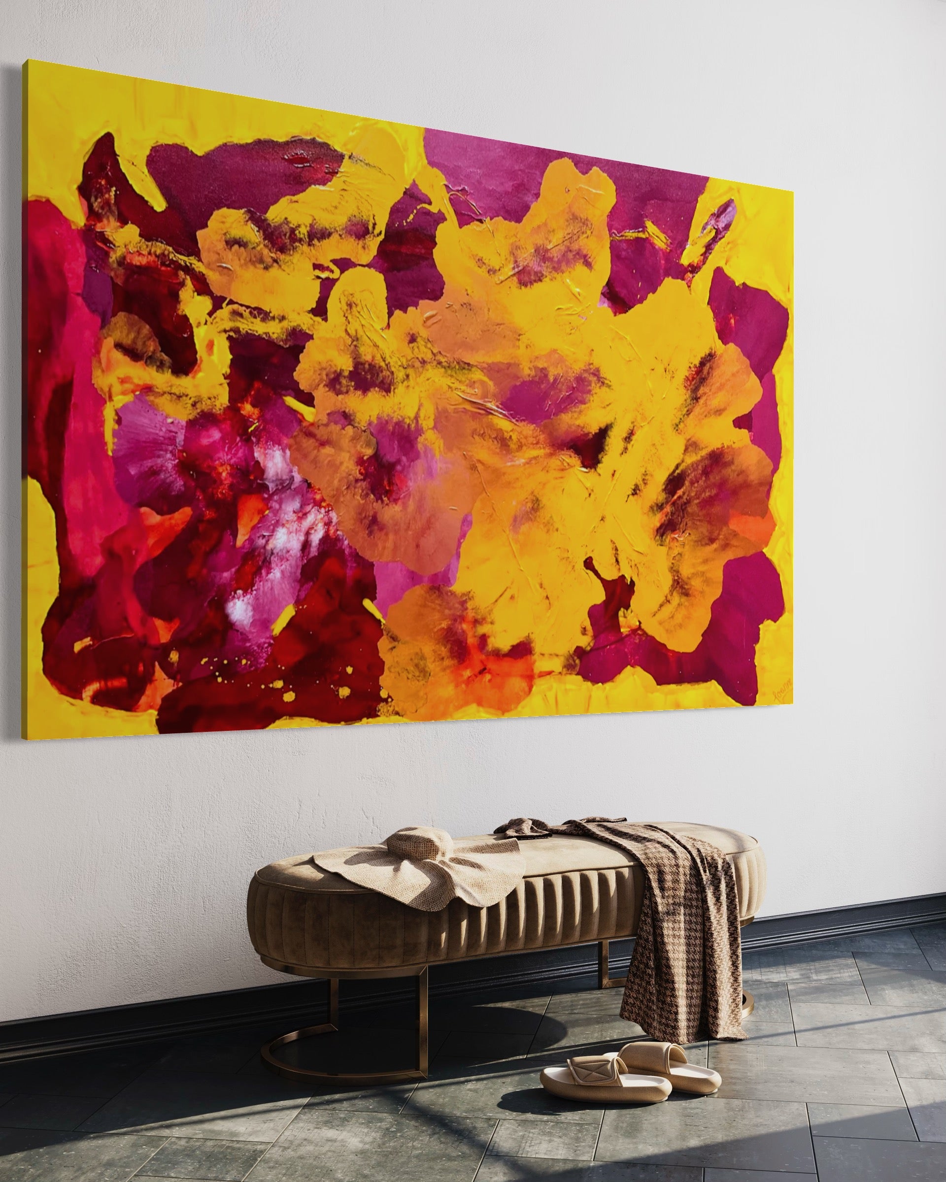 Deep Yellow Dianthus 121.8 cm x 182.8 cm Yellow Pink Textured Abstract Painting