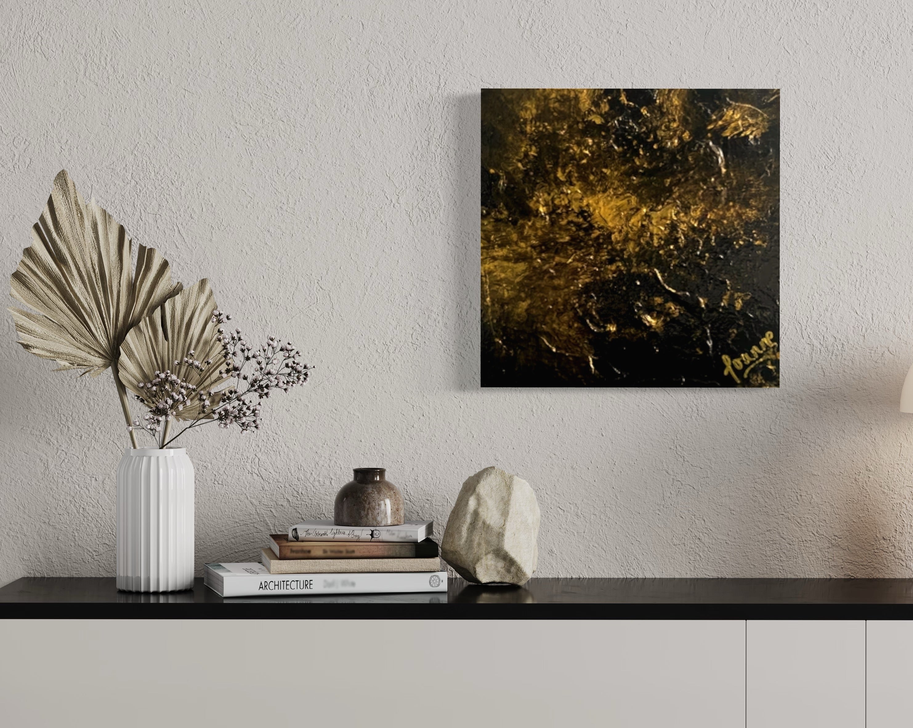 Gold Rush 30 cm x 30 cm Gold Black Textured Abstract Painting