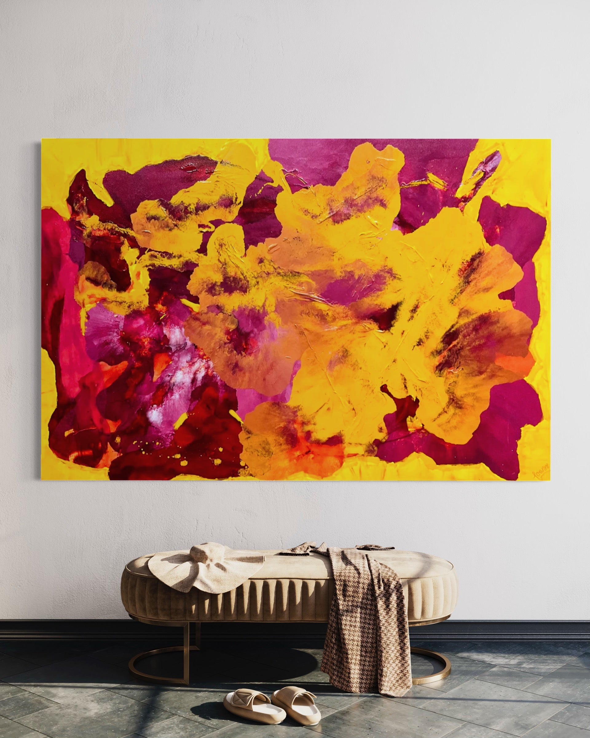 Deep Yellow Dianthus 121.8 cm x 182.8 cm Yellow Pink Textured Abstract Painting