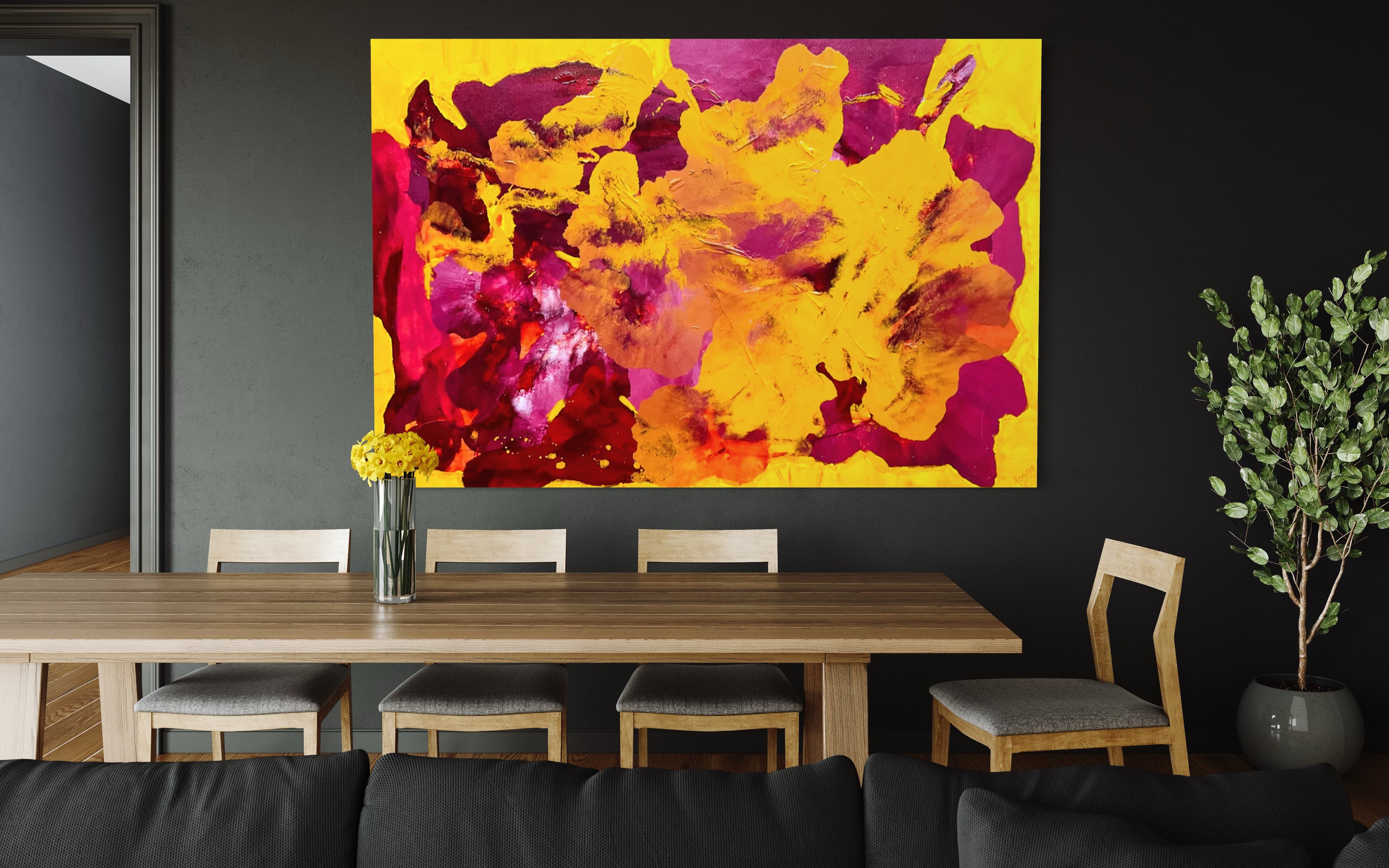 Deep Yellow Dianthus 121.8 cm x 182.8 cm Yellow Pink Textured Abstract Painting