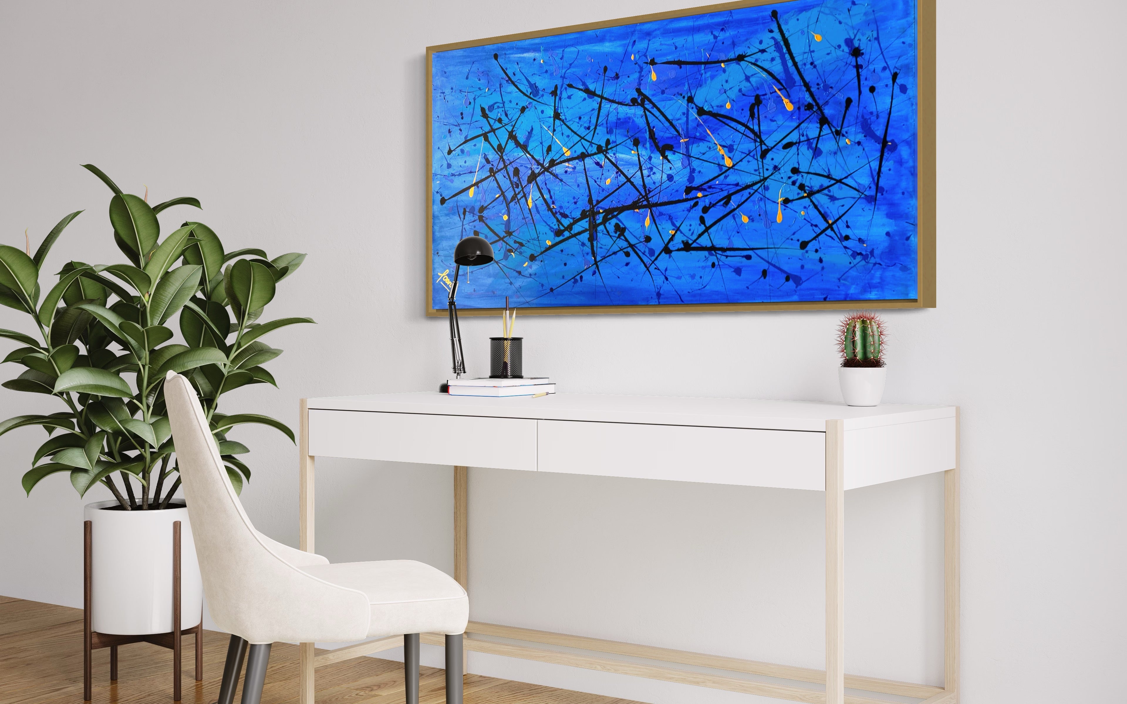 Vibrant Coral Sea 61cm x 122 cm blue Gold Black Textured Abstract Painting
