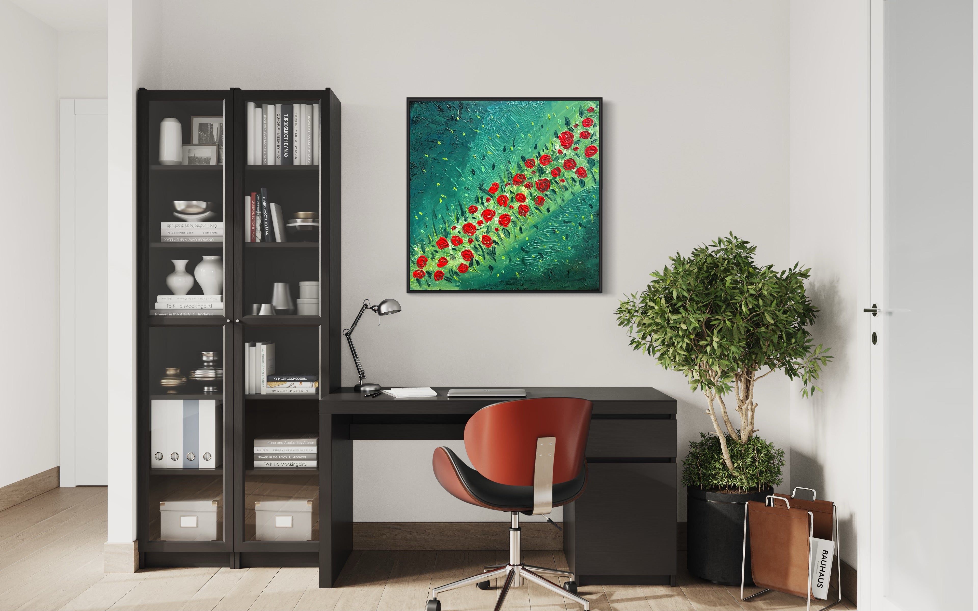 Red Rose Field 91 cm x 91 cm Red Green Textured Abstract Painting by Joanne Daniel