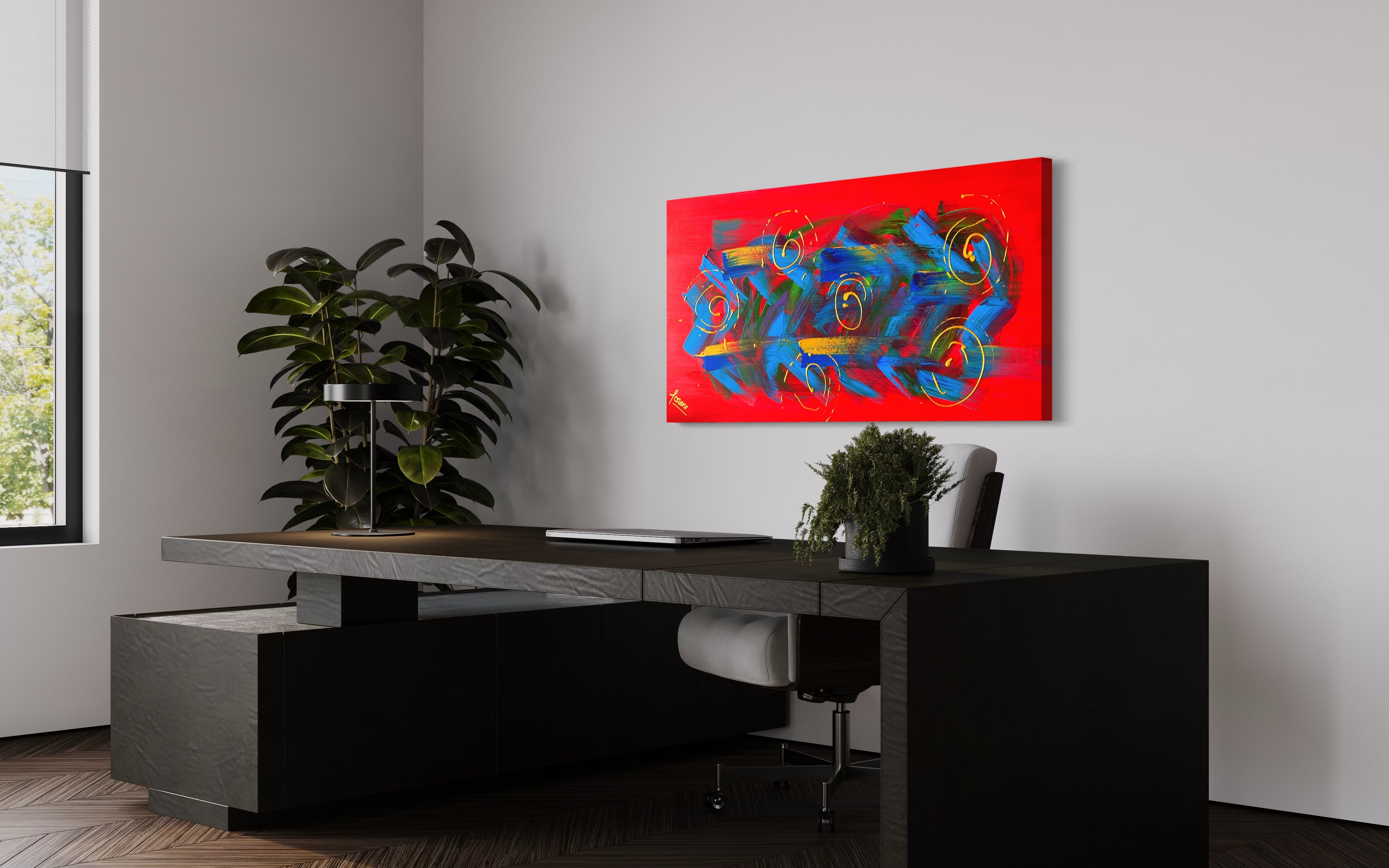 Blooming Lantana 61cm x 122cm Red Blue Gold Textured Abstract Painting