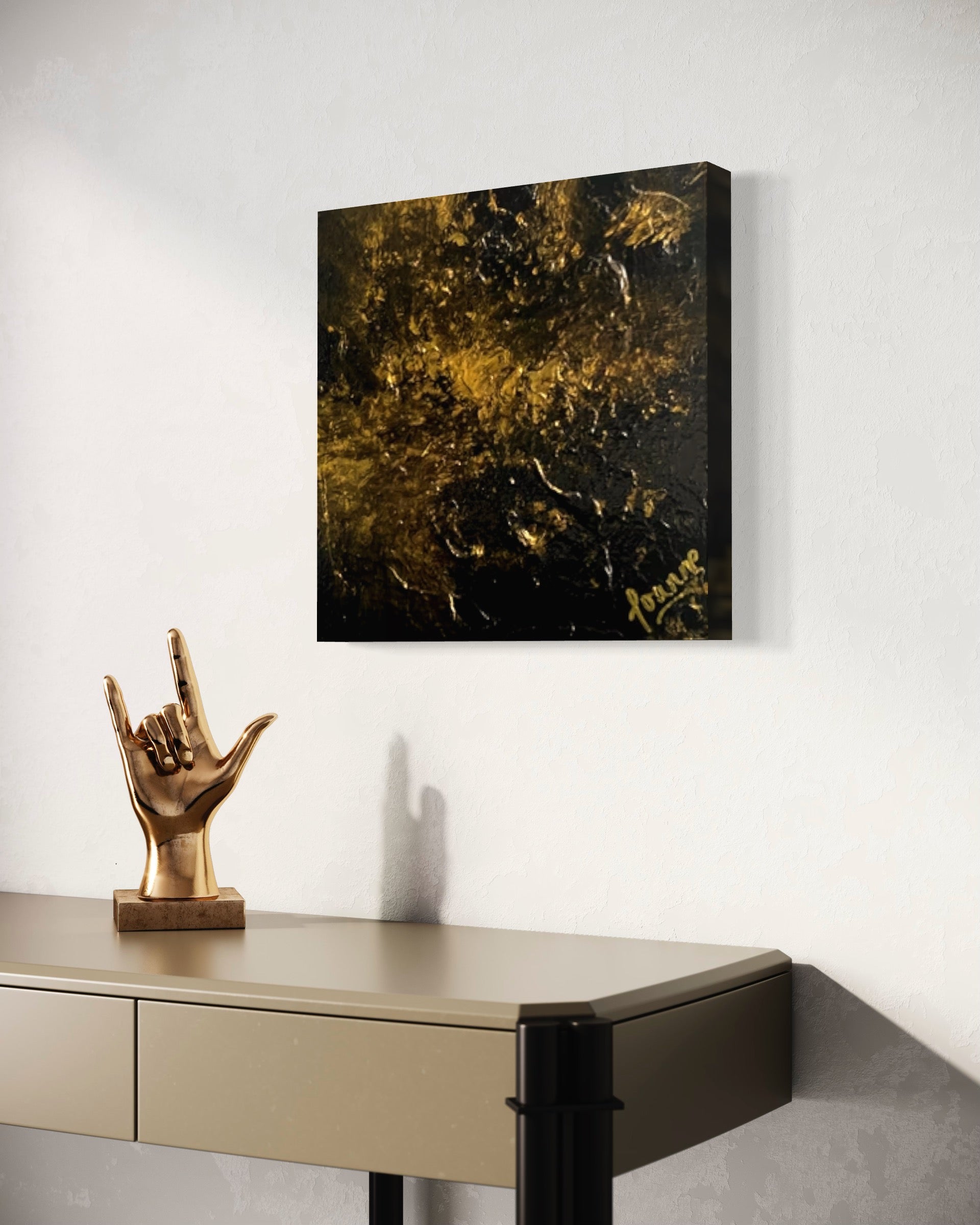 Gold Rush 30 cm x 30 cm Gold Black Textured Abstract Painting