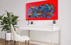Blooming Lantana 61cm x 122cm Red Blue Gold Textured Abstract Painting