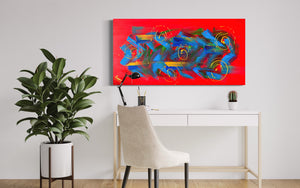 Blooming Lantana 61cm x 122cm Red Blue Gold Textured Abstract Painting
