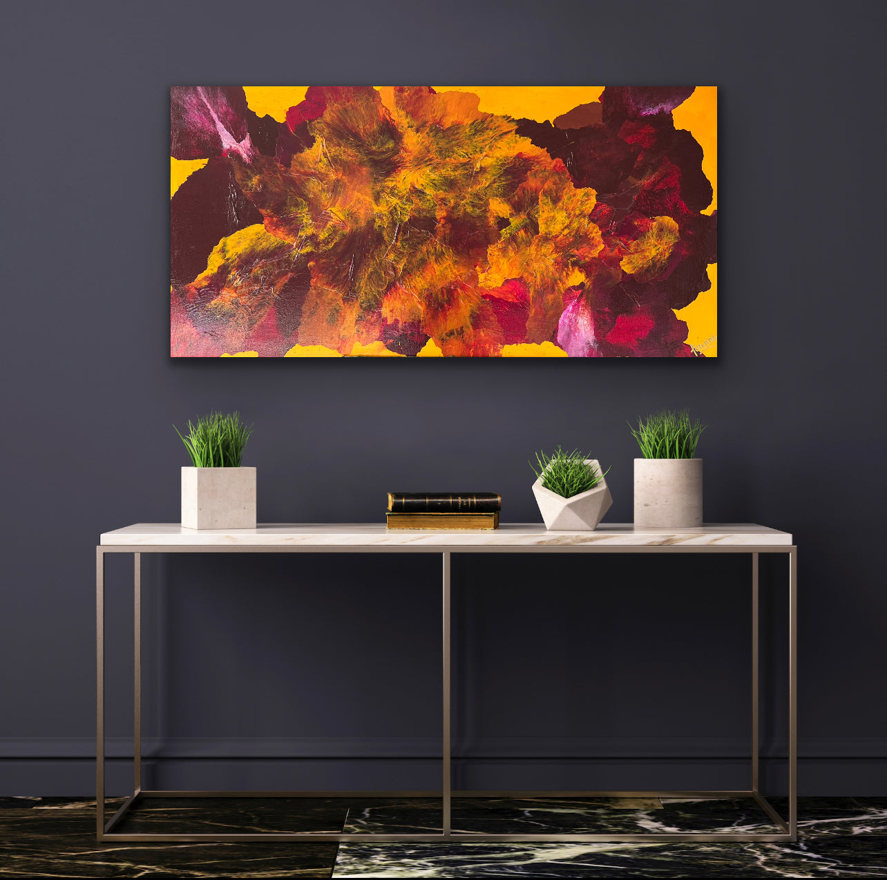 Yellow Dianthus Paradise 122 cm x 61 cm Yellow Pink Textured Abstract Painting